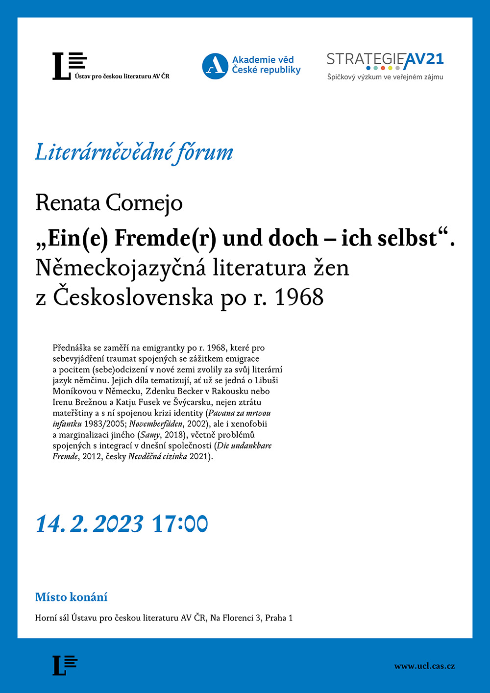 Přednáška LVF: Renata Cornejo – „Ein(e) Fremde(r) und doch – ich selbst“. Německojazyčná literatura žen z Československa po r. 1968