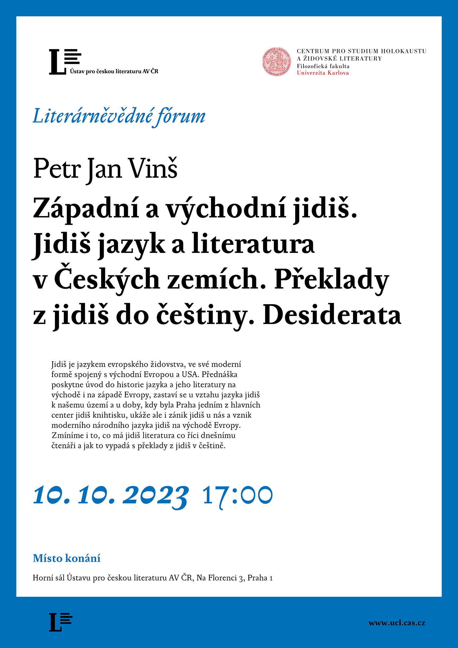 Pozvánka Literárněvědné fórum Petr Jan Vinš