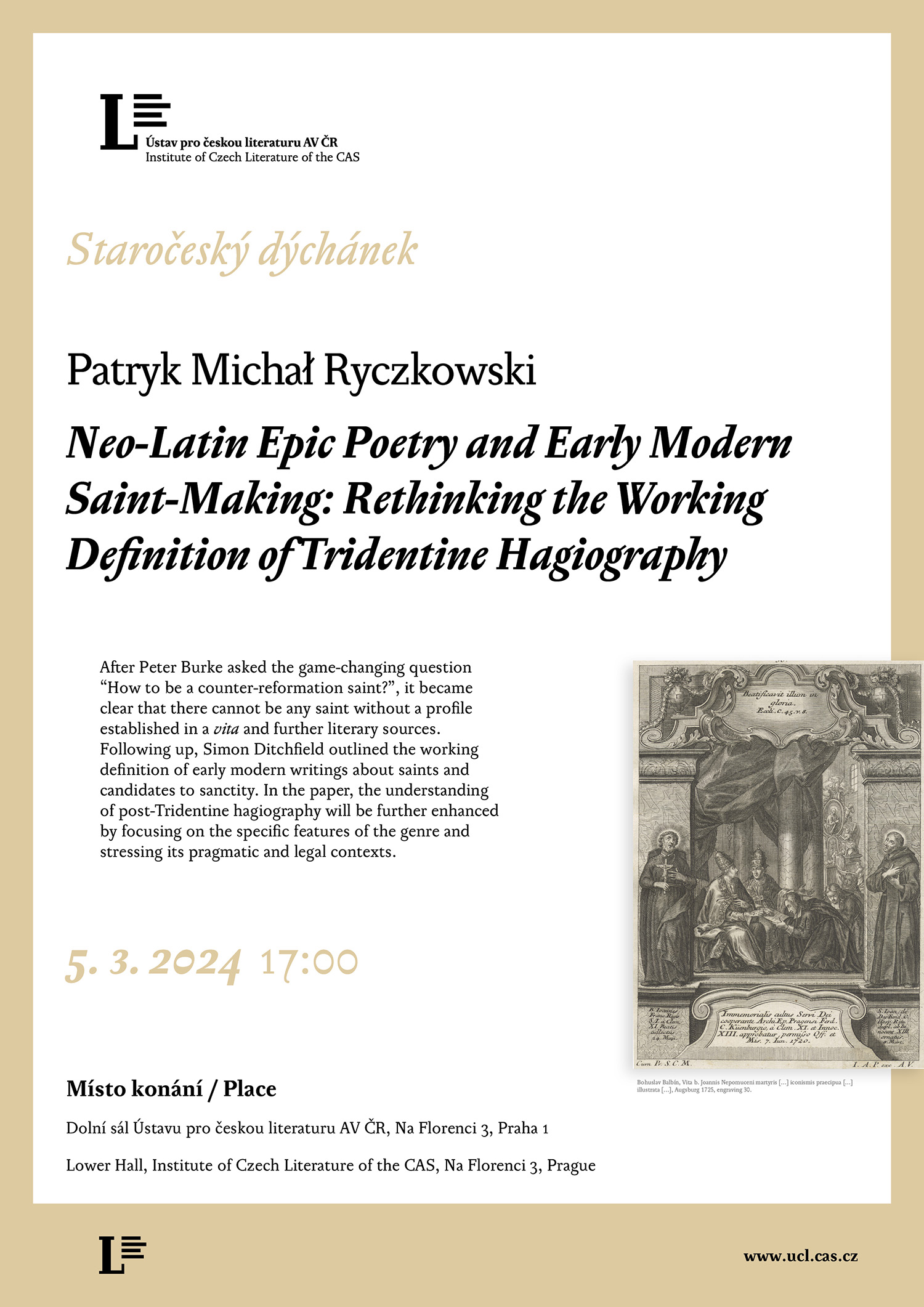 Pozvánka na přednášku: Patryk Michał Ryczkowski – Neo-Latin Epic Poetry and Early Modern Saint-Making: Rethinking the Working Definition of Tridentine Hagiography