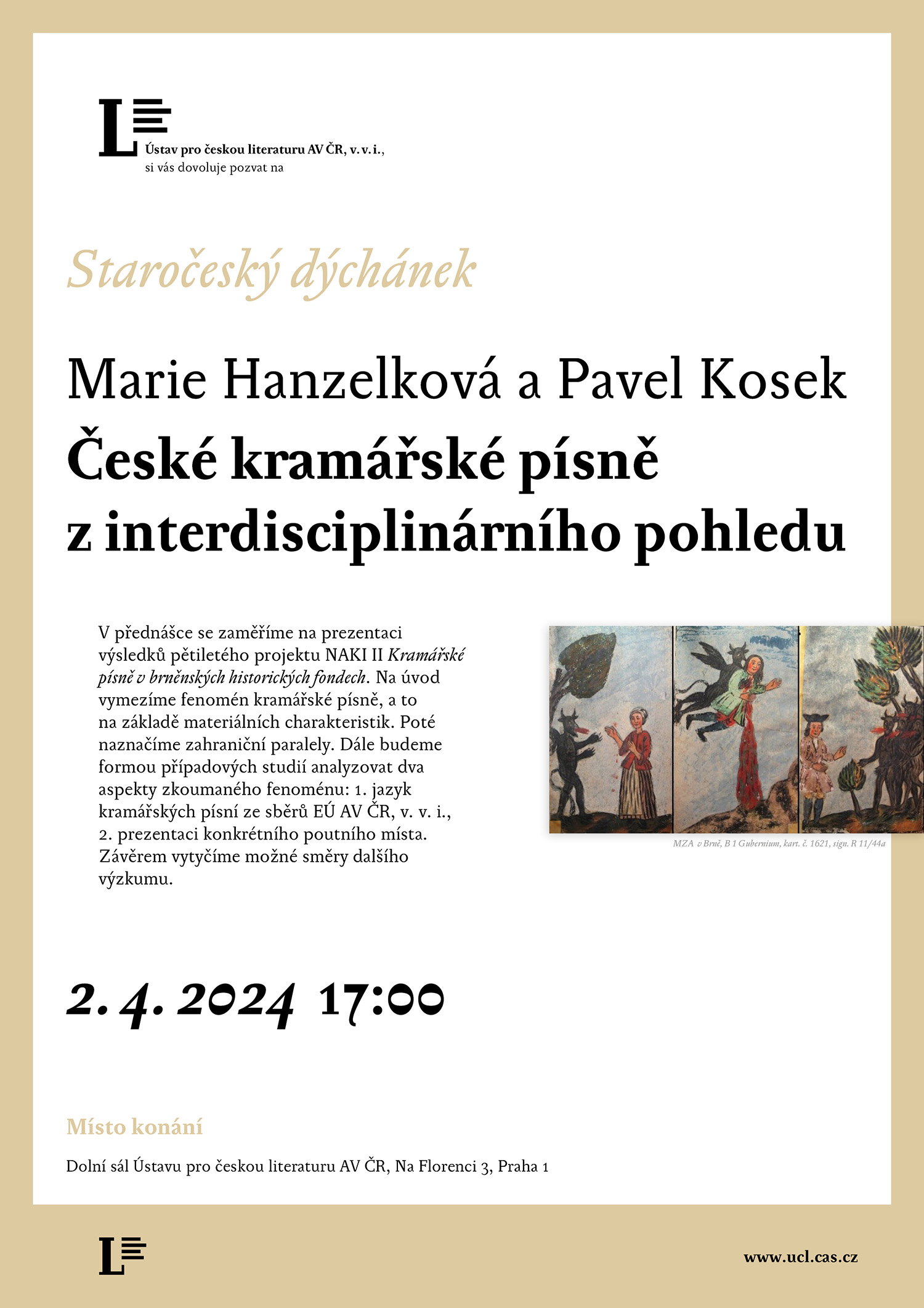 pozvánka na přednášku Marie Hanzelkové a Pavla Koska České kramářské písně z interdisciplinárního pohledu